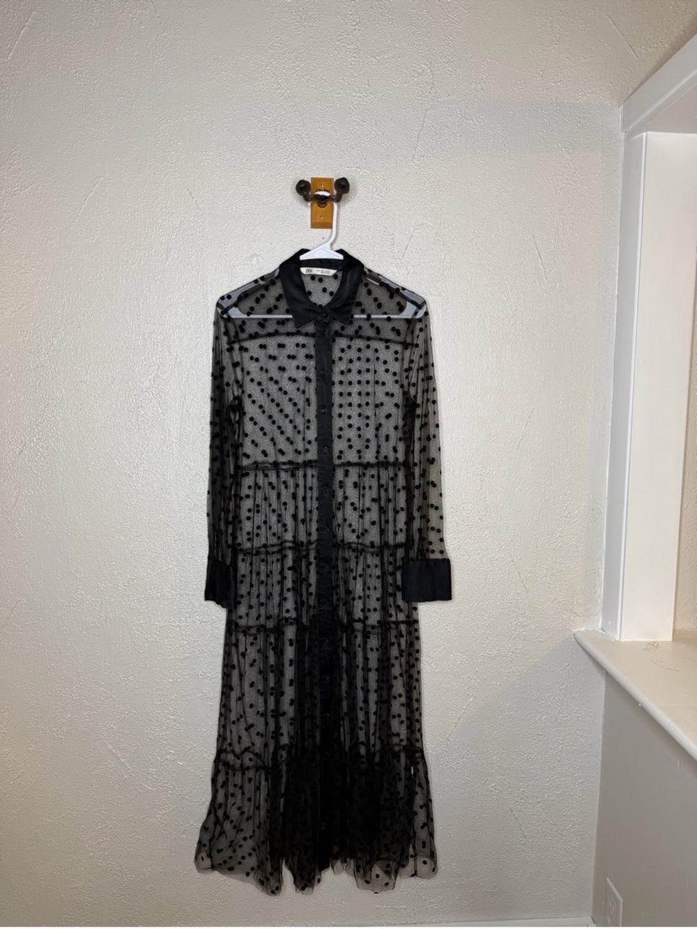 Zara Black Sheer Polka-Dot Tiered Maxi Shirt Dress - Picture 4 of 9
